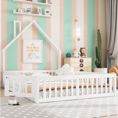 Letto per bambini 140x190 cm in legno bianco, con barriera per cameretta, senza materasso - FLORAGRACE (1/5)