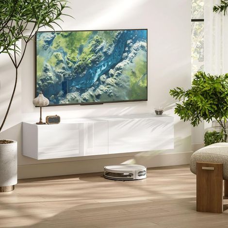 Meuble TV suspendu pour téléviseur jusqu'à 45 55 65 pouces avec 2 placards à portes, 140 x 33 x 29,8 cm, blanc (1/5)
