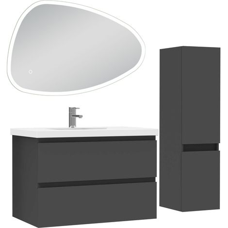 Aica Ensemble de meuble Salle de Bain 80cm Anthracite vasque + colonne + miroir 3 couleurs LED