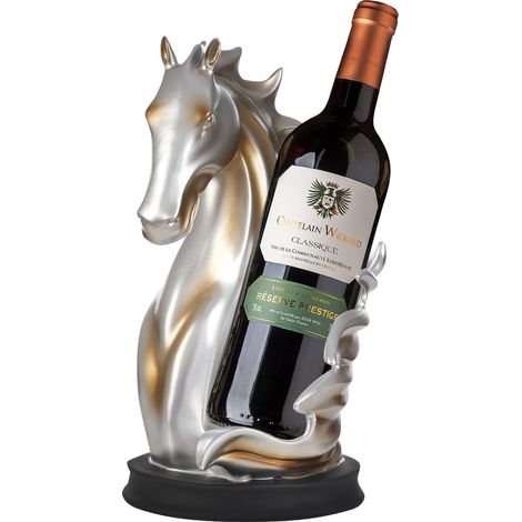 Porte-bouteille de vin - Étagère à vin - Plateau de table - Statue de cheval - Pour la maison, la cuisine, la cave à vin - Rangement décoratif - Sculpture de cheval - Cadeau (argent + doré) (1/5)