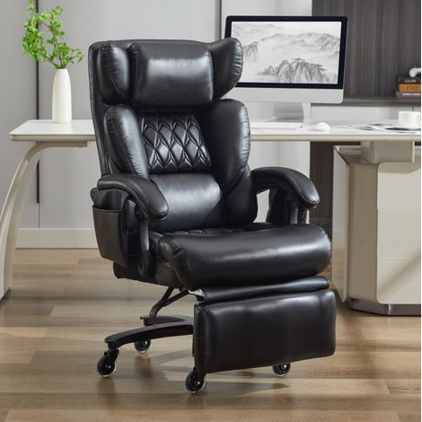Silla de oficina de piel PU negra con masaje, calefaccion, reposapies y reclinacion 90-150°, 88x70x112,5 cm (1/5)