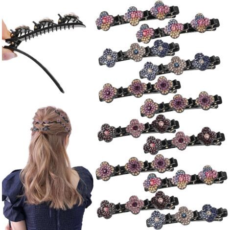 Lot de 12 mini pinces à cheveux tressées en strass - Double couche - Avec strass - Pour femmes et filles (1/5)