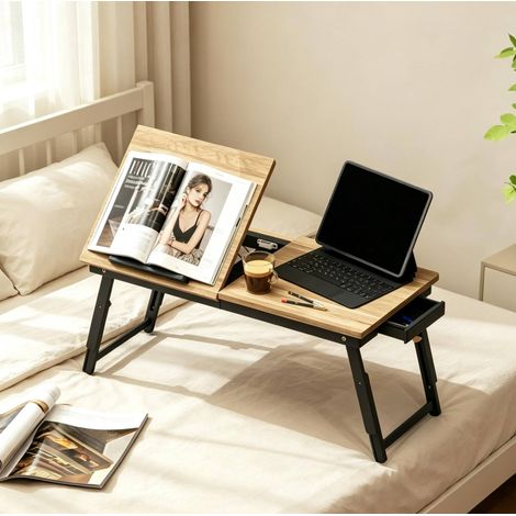 Mesa ajustable para ordenador portátil, plegable con cajón, bambú y MDF, negro HAVRYA (1/5)