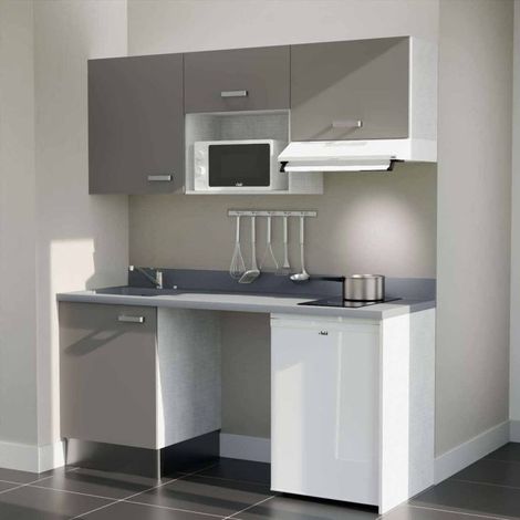 Kitchenette K55L - 180 cm - plan monobloc évier intégré Cromo- évier à gauche - Façades Gris + Electroménager inclus coloris Blanc