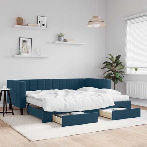 Tagesbett Ausziehbar mit Schubladen Blau 90x200 cm Samt (1/5)