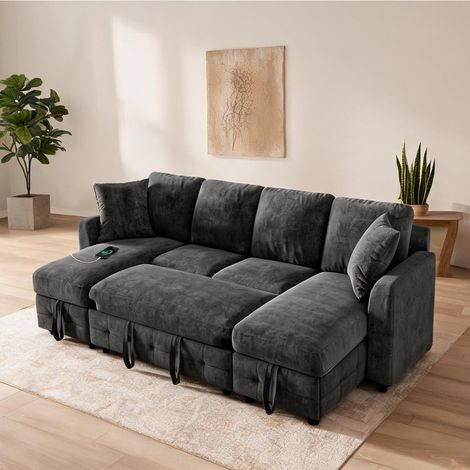 Canapé convertible en chenille grise avec rangements et ports USB (1/5)