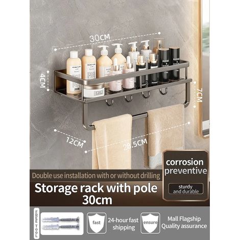 Étagère murale en aluminium (gris, 30 cm) pour salle de bain, porte-shampoing, rangement pour cuisine, étagère murale. (1/5)