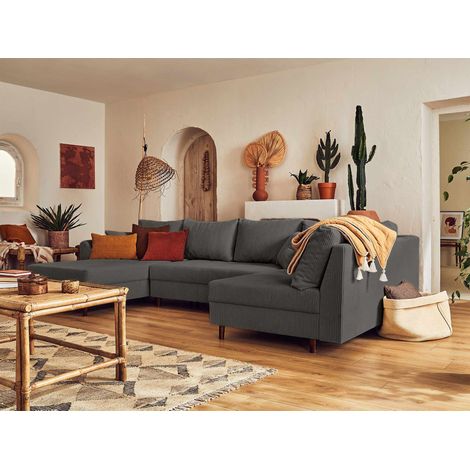 Lisa Design – Canapé panoramique d'angle droit 7 places – Revêtement velours côtelé gris foncé – Assise capitonnée – Structure bois massif