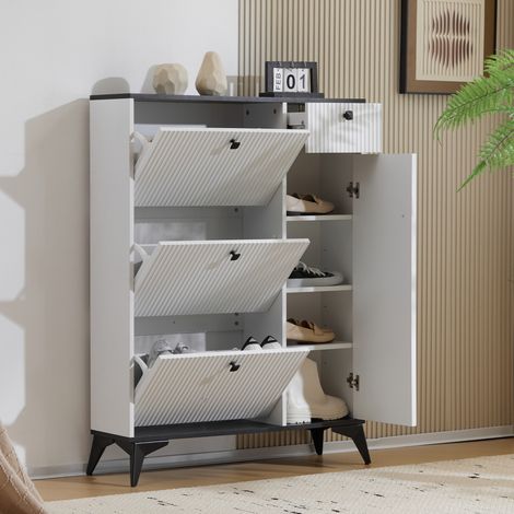 Armoire à chaussures 3 portes battantes, avec tiroir et porte, étagère fine à chaussures basculante, blanc. Dimensions : H 121 x L 90 x P 25 cm