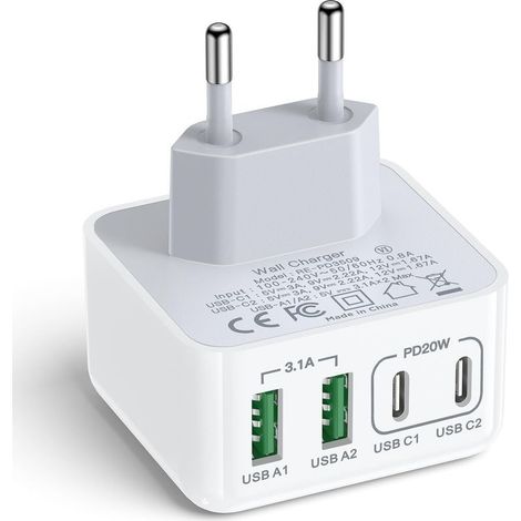 Chargeur USB C, 40W 4 Port Prise USBC Chargeur Rapide Multi Secteur Double Port PD+QC Type C Adaptateur pour Phone 16 15 14 13 12 11 Pro Max X XS XR 8 7 6S Plus Mini SE, iPad, Samsung Galaxy (1/4)