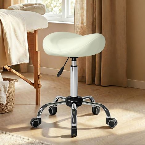 Sedia a sella, sedia a rotelle regolabile in altezza con rivestimento in similpelle per massaggi, spa, cliniche, centri estetici e tatuaggi, colore bianco crema.