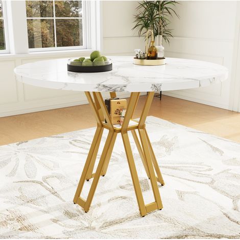 Runder Esstisch (100 x 100 x 76 cm), leichter und luxuriöser runder Tisch für 4-6 Personen, geeignet für Esszimmer und Wohnzimmer, goldene Beine, marmorierte Tischplatte aus MDF (1/5)