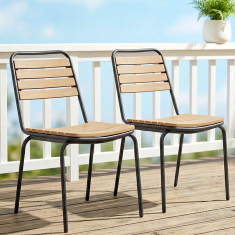 Lot de 2 Chaises de Jardin Empilables, Assise et Dossier en Bois Massif à Lattes, Cadre en Acier, 61x47x81cm, Naturel (1/5)
