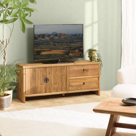 SANDY - Meuble TV 2 tiroirs 2 portes, longueur 155cm bois pin recyclé (1/5)