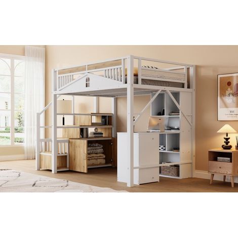 Lit mezzanine 140x200 cm blanc en métal avec escalier de rangement, armoire, barrières avec fenêtre, sommier 24 lattes inclus, charge 120 kg (1/5)