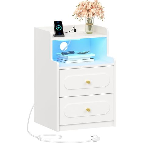 Table de Chevet avec Lumière LED et Multiprise, avec 2 Tiroirs (1/5)