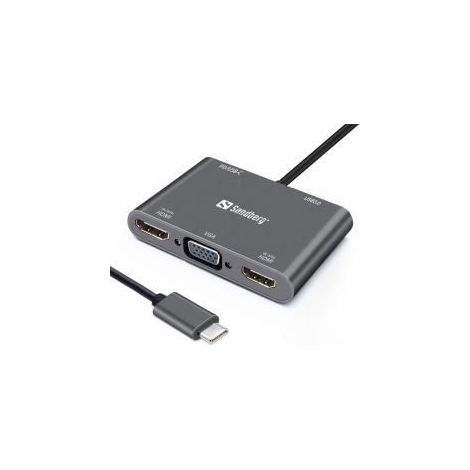 Estación de acoplamiento Sandberg USB-C 2xHDMI+1xVGA+USB+PD