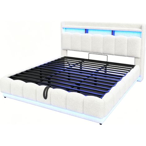 Lit double 180x200 cm avec rangement hydraulique, tissu en laine d'agneau, LED intégrée et port USB, structure métallique, blanc sans matelas (1/5)