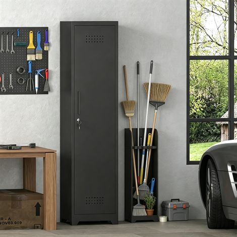 Reinigungsmittelschrank Metall mit Tür und Stange schmal Hochschrank Schwarz 40x40x165 cm (1/5)