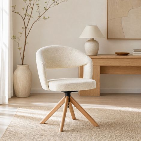 DESMIU Chaise de Salle à Manger Lot de 2 Pivotante avec Dossier Ergonomique et Rotation Silencieuse, en Tissu et Bois Massif Blanc, Bois (1/5)