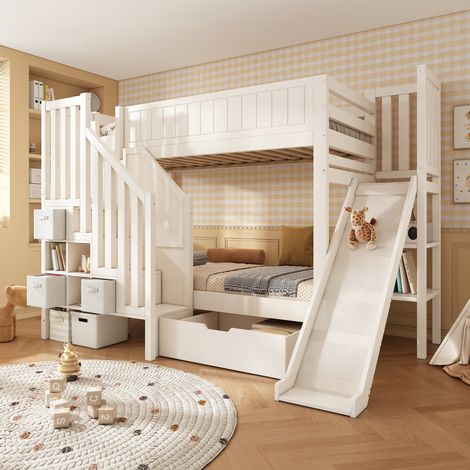 Lit superposé enfant 90x200 cm blanc avec toboggan, armoire-échelle, tiroirs et étagères, bois (1/5)