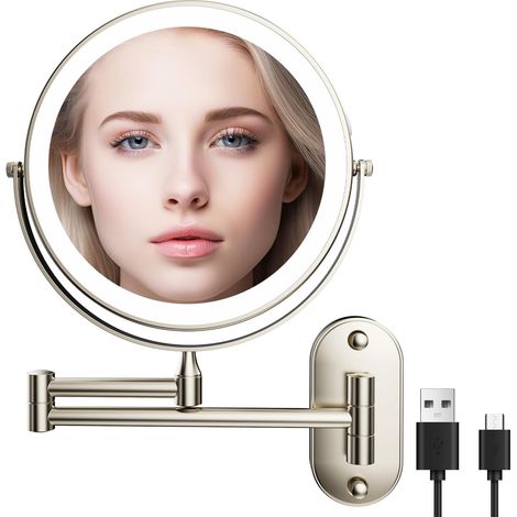 Miroir Grossissant Lumineux 1X/10X Mural Miroir Grossissant Lumineux Mural et 360°Pivotant 3 couleurs luminosité et température de couleur réglables USB Rechargeable, pour coiffeuse, salle de bain (1/5)