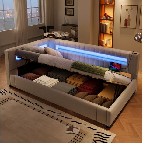 Diván 90/200 cm beige de lino con almacenaje hidráulico y luz LED (1/5)