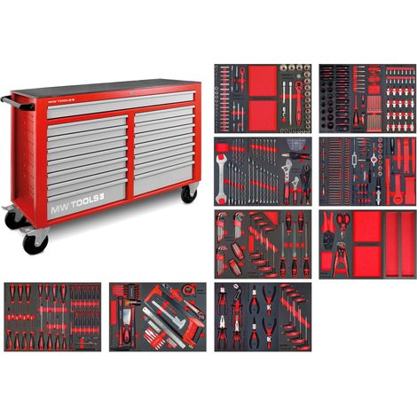 Mw Tools – Servante d'atelier roulante XL 514 outils – 15 tiroirs – Charge maximale 500kg – Dimensions 1450x480x1050mm – MWE512G4 (1/5)