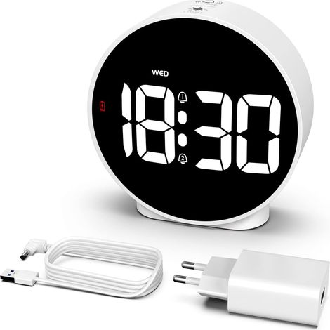Réveil Matin LED, Réveil Lumineux avec Affiche la Semaine, Fonction Snooze, 4 Luminosité Réglable, 2 Alarmes, Horloge Digitale à Piles pour Enfant, Adolescent, Personnes âgées (1/5)