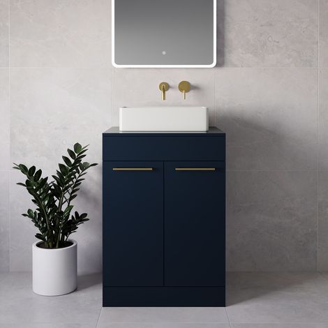 Napoli 460 Deep Blue 600mm 2 Door Vanity Unit for Countertop Basins - 600mm - Brushed Brass 160mm Handle