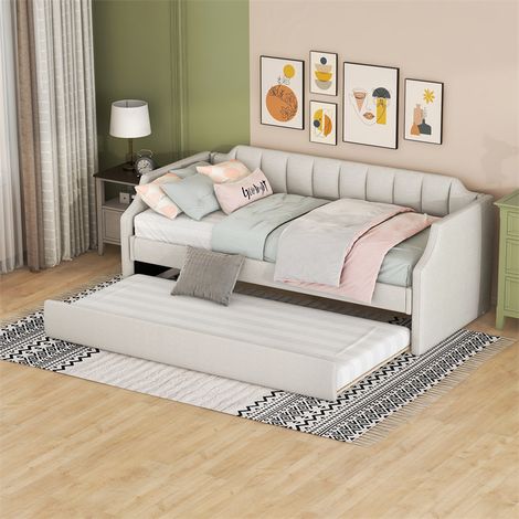 Lit gigogne 90x200cm+90x190cm - Canapé-lit extensible avec sommiers à lattes en bois, sans matelas - Lin Beige (1/5)