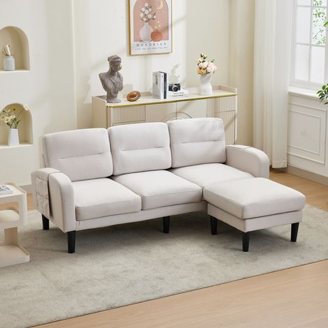 Sofá en forma de L, sofá de 3 plazas con chaise longue, sofá de esquina pequeño, con un bolsillo de almacenamiento en el lateral, 10 patas de sofá, adecuado para la sala de estar, 204x136x80cm, Beige (1/5)