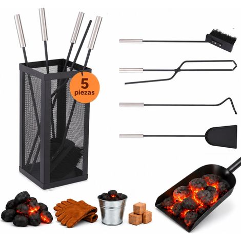 Juego de accesorios para chimenea Relaxdays, 5 piezas, atizador, pala, escobilla, tenazas y soporte, negro/plateado (1/5)