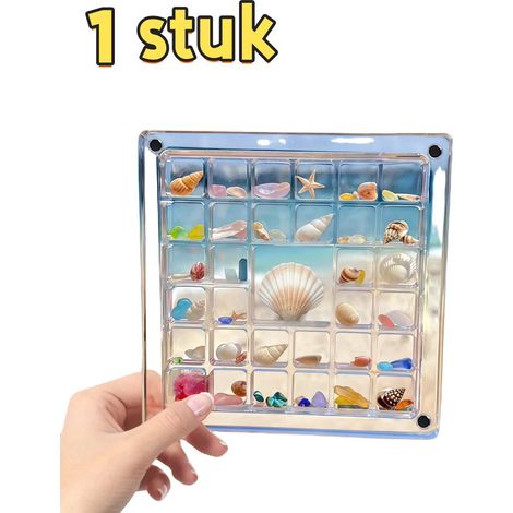Boîte de rangement en acrylique transparente pour coquillages avec 33 compartiments profondeur 1 cm couvercle inclus pour ranger et exposer des coquillages thème plage 11,7 x 11,7 cm (1/5)