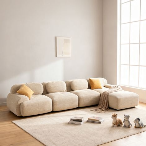 Canapé modulable 4 places 388cm + pouf en velours côtelé beige - FLUFY