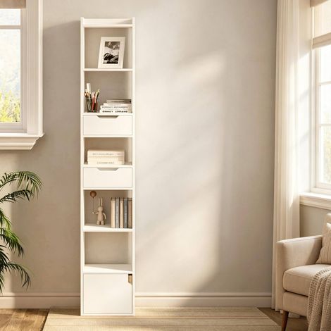 Bibliothèque étroite blanche en bois avec 6 étagères, 2 tiroirs et placard 33 x 24 x 181 cm (1/5)