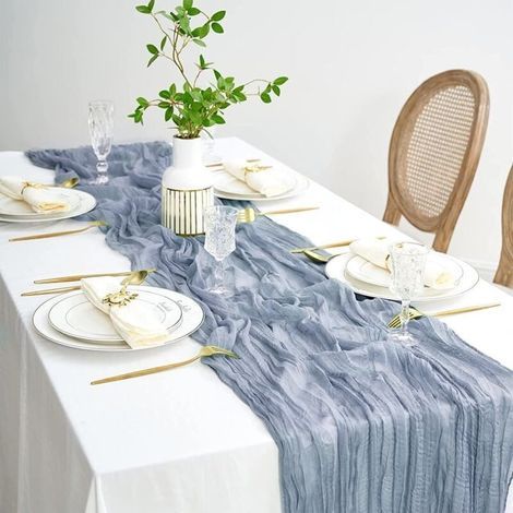 Chemin de Table en Gaze en Bleu, 90 x 400cm Gaze Translucide Rustique, Chemin de Table Boho, Nappe en Mousseline de Soie Bleu pour Mariage Douche