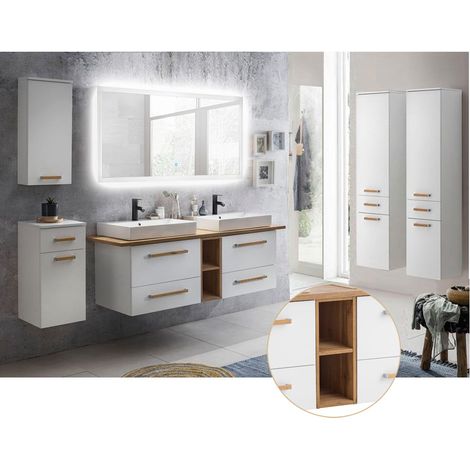 Bad Komplett Set mit 165cm Waschtisch & LED-Spiegel DABO-04 in weiß mit Landhaus Eiche, B/H/T 290/200/50 cm (1/5)