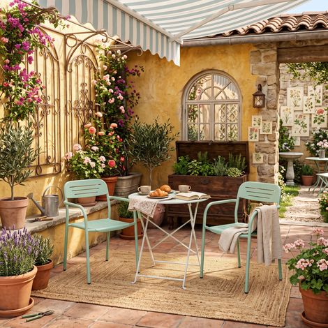 Creahappy Lot de 2 Chaises de Jardin Métal 56x58x78 cm - Gain de Place Empilable - Fauteuil Terrasse avec Accoudoirs - Vert Sauge (1/5)