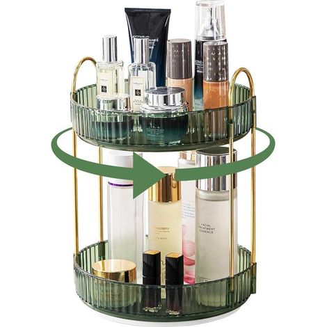 Organisateur maquillage rotatif 360°, rangement cosmétiques, présentoir parfum pour commode salle de bain (2 couches, vert). (1/5)
