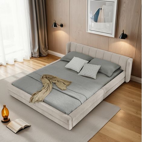 Letto 160x200 cm in ciniglia, testiera confortevole, beige DESVIAE (1/5)