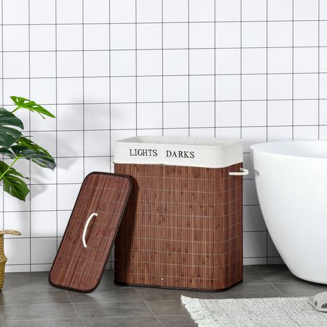 Cesto para ropa de 100 L con 2 compartimentos, tapa y bolsa lavable de bambú, OKWISH (1/5)