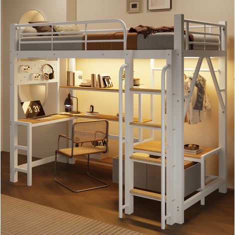 Letto sopraelevato 90x200 cm bianco in metallo e MDF con scrivania, LED e contenitori (1/5)