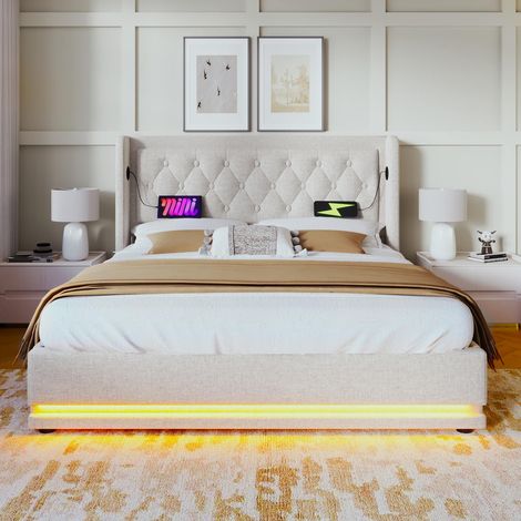 Lit 180 x 200 en coton beige, tête de lit rembourrée, sommier à tiroirs hydrauliques, usb-c et led 3 côtés, sans (1/5)