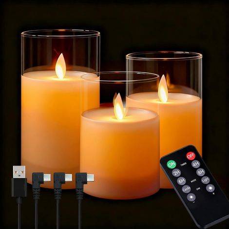 Bougies LED Rechargeables - Lot de 3 - Verre Blanc Translucide - Flamme Vacillante et Télécommande - Décoration Intérieure et Festive - 3 Tailles Assorties (1/5)
