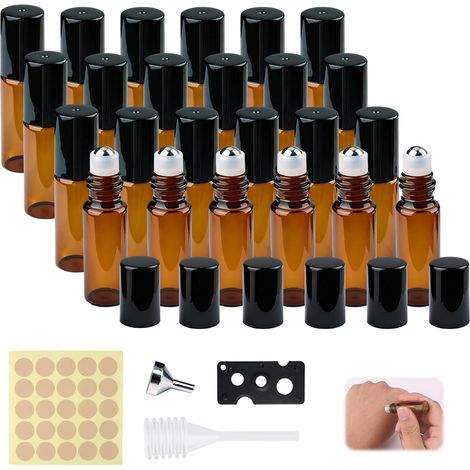 Set di 24 flaconi in vetro marrone (5 ml ciascuno), con tappi a rullo, apribottiglie, pipette ed etichette, ideali per oli essenziali (1/5)