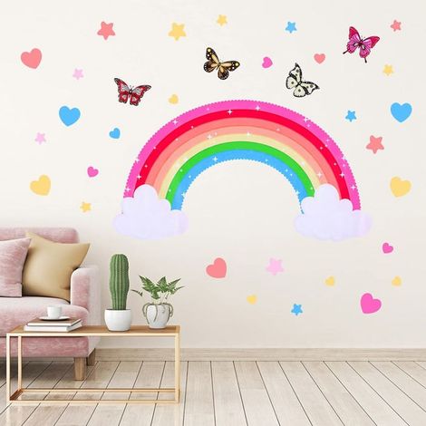 TuseRxln Adesivi murali arcobaleno Adesivo murale rimovibile a forma di stella, farfalla e cuore Adesivo murale a forma di