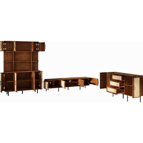 Set mobili soggiorno e sala da pranzo con mobile TV, credenza e vetrina alta in MDF color noce (1/5)