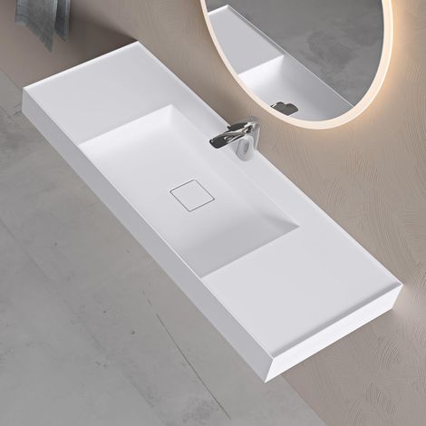 doporro Waschbecken Aufsatzwaschbecken Hängewaschbecken aus Mineralguss BTH: 120×46×12cm Waschplätze Waschtisch in matt Weiß inkl. Ablaufgarnitur Colossum630