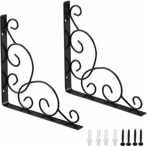 Equerre D'étagere en Fer Forgé, 2 Pièces Équerres pour Étagère de Jardin, Équerre pour Étagere Murale en Fer, Équerre de Support D'étagère, pour Cuisine Salle de Bain Bureau Restaurant (Noir) (1/5)